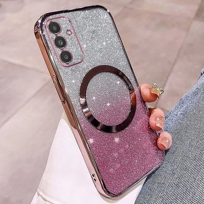 For Samsung Galaxy S24+ Magnetic Case Electroplated Gradient Glitter TPU Phone Cover - Rose Gold - 1