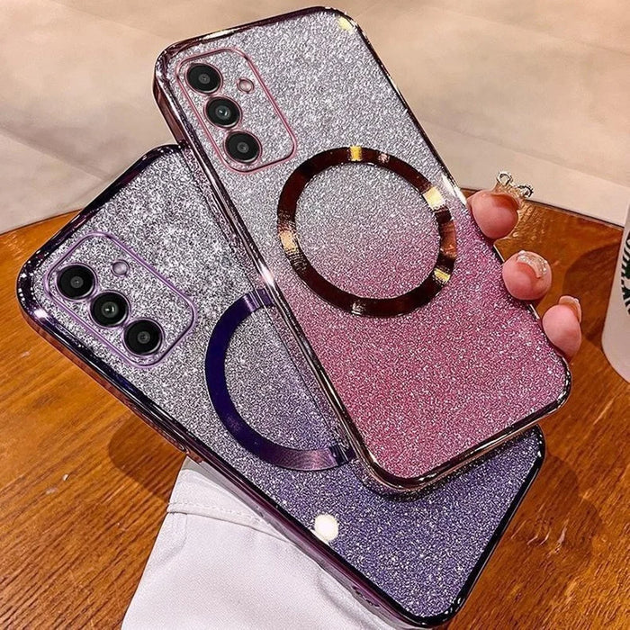 For Samsung Galaxy S24+ Magnetic Case Electroplated Gradient Glitter TPU Phone Cover - Rose Gold - 3