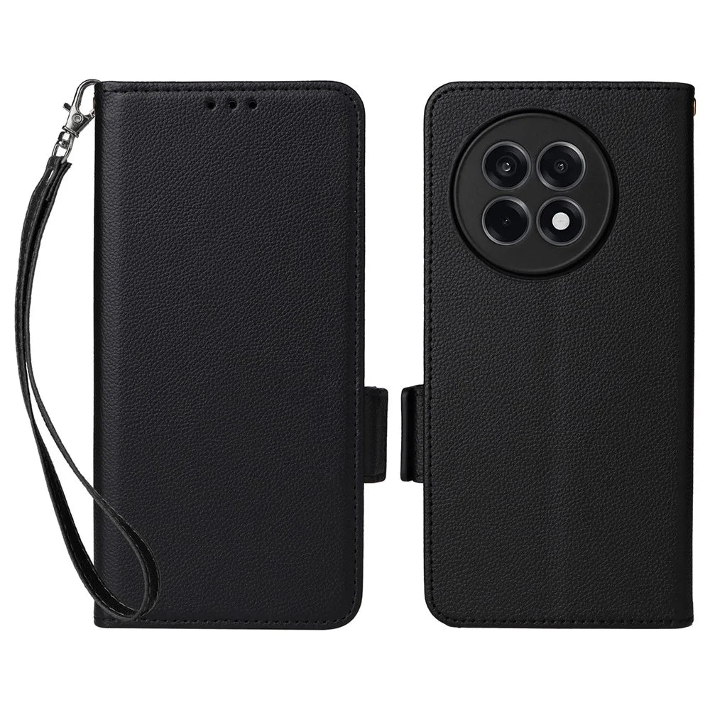 Leather Case with Wrist Strap for OnePlus Ace 5 5G / Ace 5 Pro 5G / 13R 5G Litchi Texture Wallet Flip Phone Cover - Black - 1