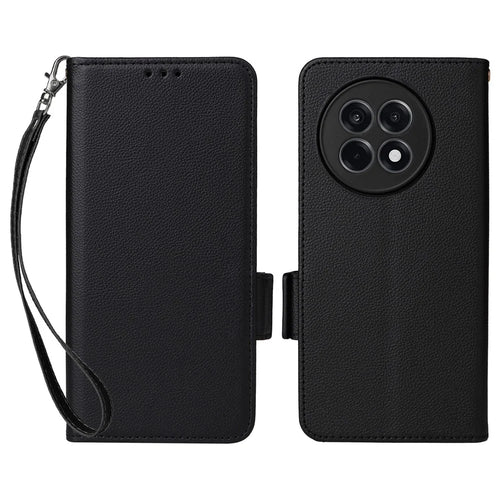 Leather Case with Wrist Strap for OnePlus Ace 5 5G / Ace 5 Pro 5G / 13R 5G Litchi Texture Wallet Flip Phone Cover - Black - 1