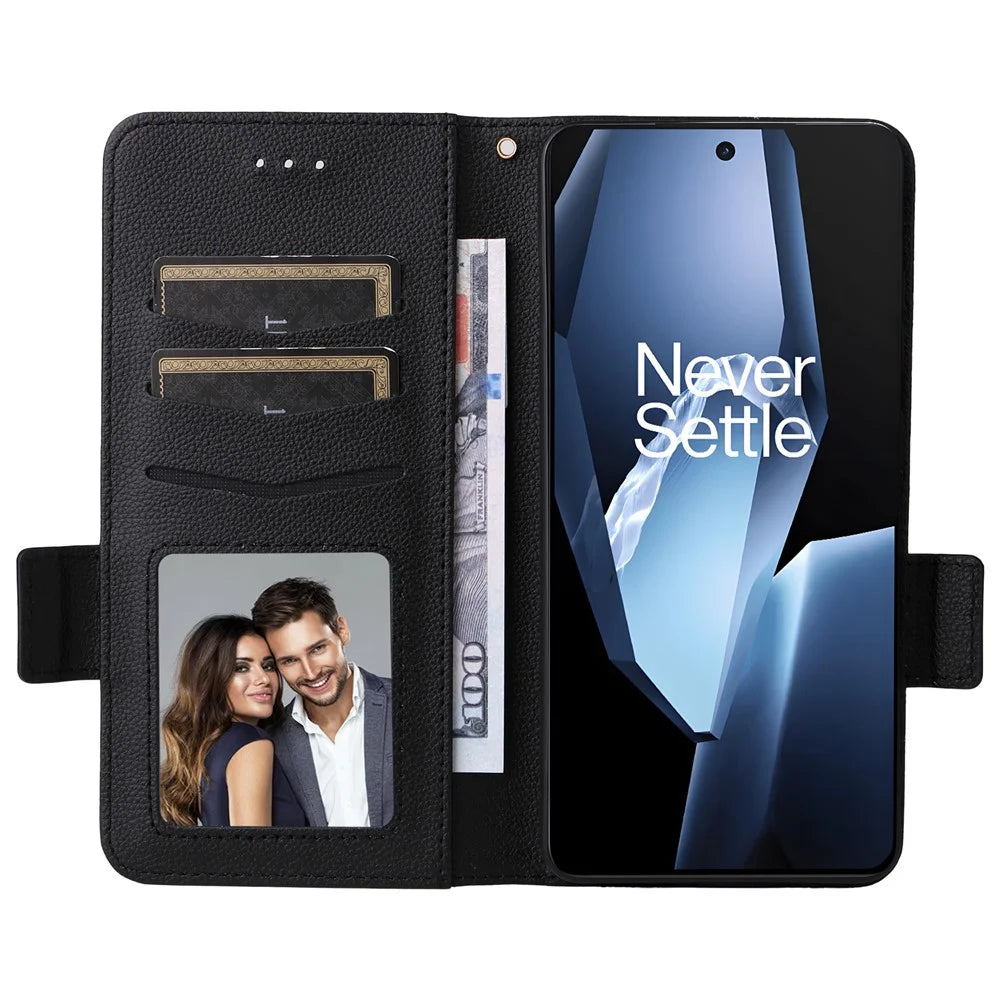 Leather Case with Wrist Strap for OnePlus Ace 5 5G / Ace 5 Pro 5G / 13R 5G Litchi Texture Wallet Flip Phone Cover - Black - 2