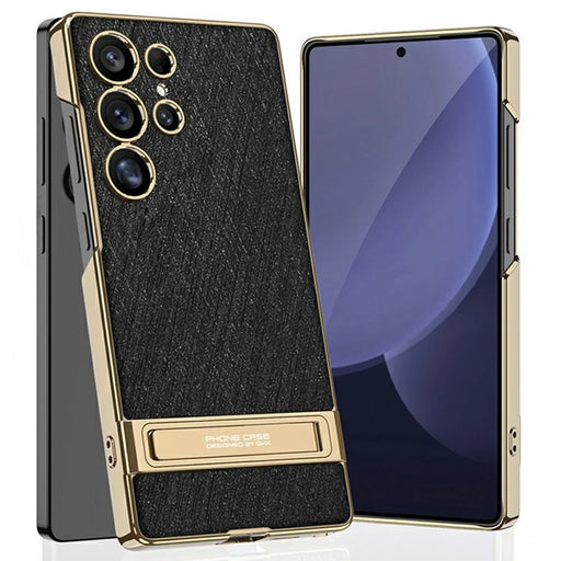 GKK For Samsung Galaxy S23 Ultra Case Electroplated PC + PU Phone Shell with Kickstand - Black - 1