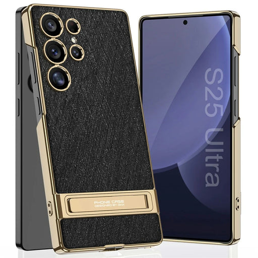 GKK For Samsung Galaxy S25 Ultra Case Electroplated PC + PU Phone Shell with Kickstand - Black - 1