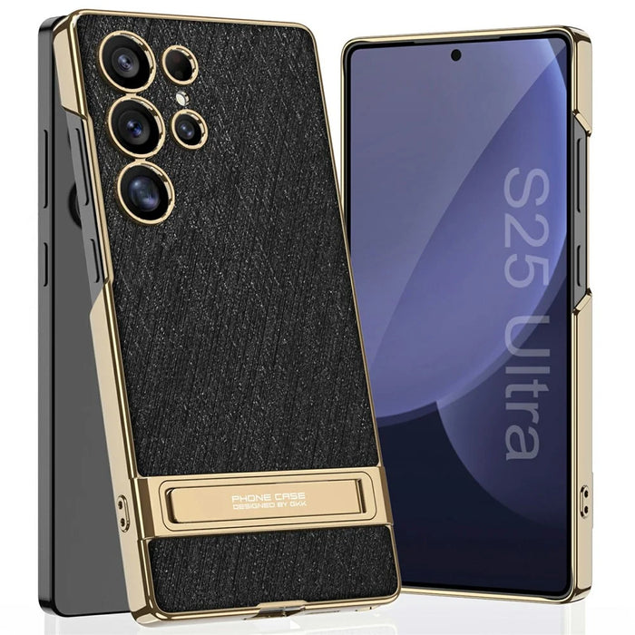GKK For Samsung Galaxy S25 Ultra Case Electroplated PC + PU Phone Shell with Kickstand - Black - 1