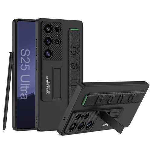GKK For Samsung Galaxy S25 Ultra Case PC + TPU Kickstand Phone Back Cover with Wristband - Black - 1