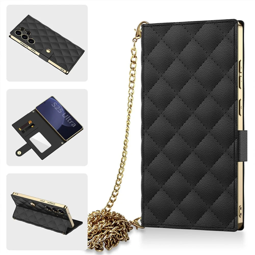 GKK For Samsung Galaxy S25 Ultra Case with Card Holder Mirror Electroplate Leather Flip Cover Rhombus Pattern - Black - 1