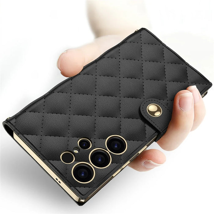 GKK For Samsung Galaxy S25 Ultra Case with Card Holder Mirror Electroplate Leather Flip Cover Rhombus Pattern - Black - 5