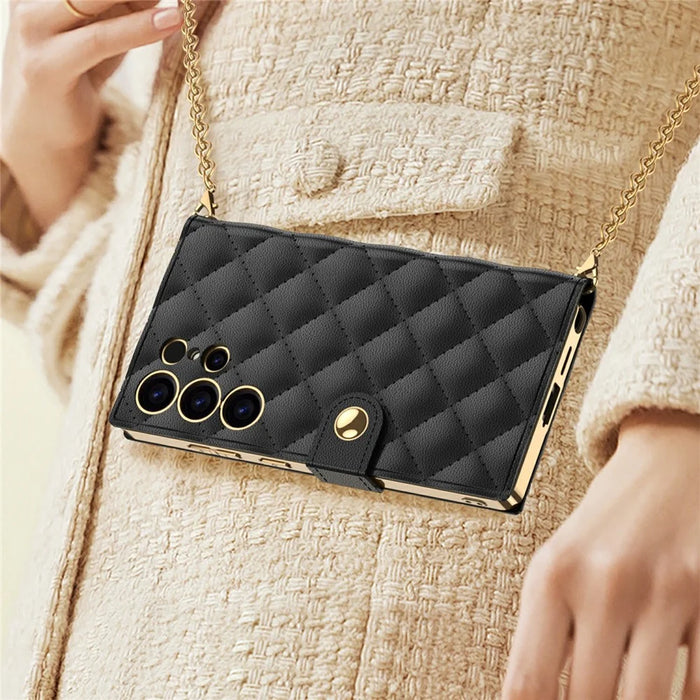 GKK For Samsung Galaxy S25 Ultra Case with Card Holder Mirror Electroplate Leather Flip Cover Rhombus Pattern - Black - 7