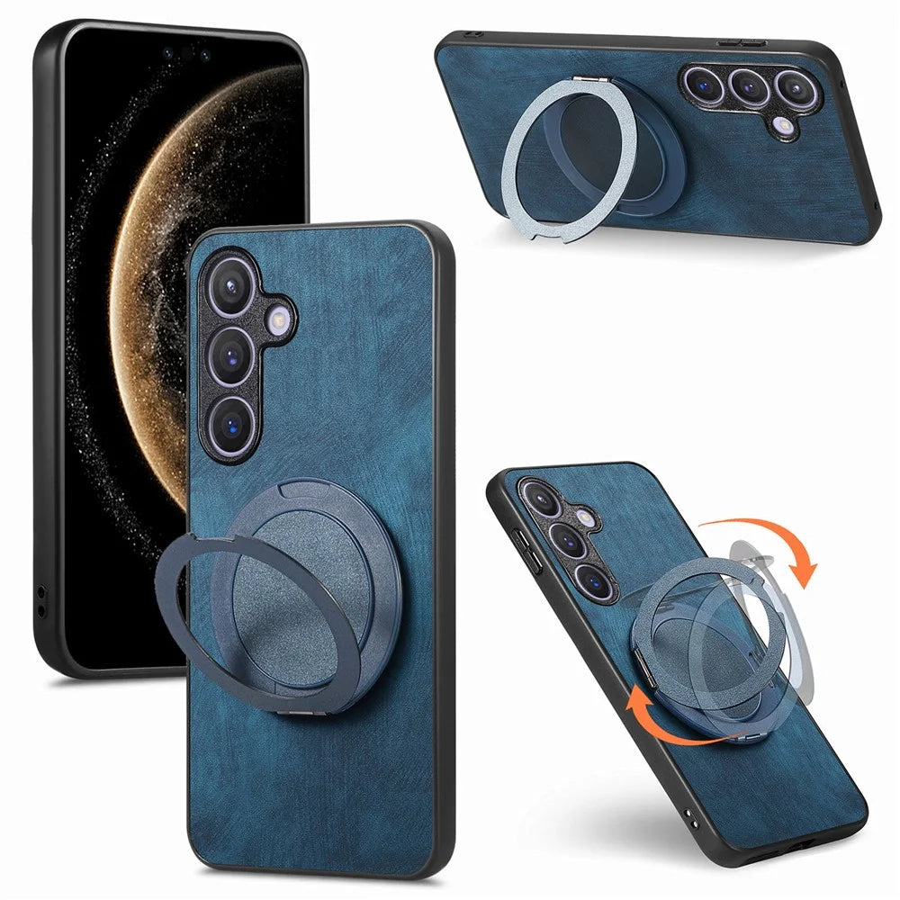 For Samsung Galaxy A35 5G Phone Case with Rotating Kickstand Stress Relief Retro Leather Back Cover - Blue - 1