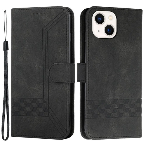 For iPhone 14 Plus Phone Case with Strap Imprint PU Leather Wallet Stand Cover - Black - 1