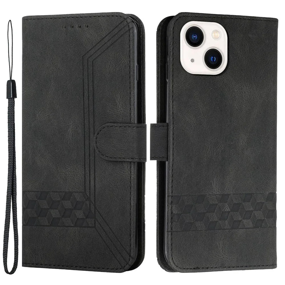 For iPhone 14 Plus Phone Case with Strap Imprint PU Leather Wallet Stand Cover - Black - 1