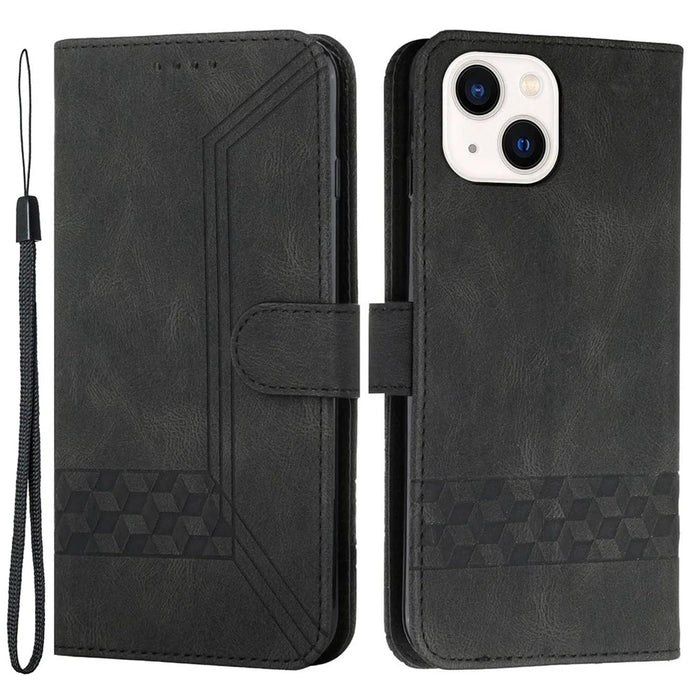 For iPhone 14 Plus Phone Case with Strap Imprint PU Leather Wallet Stand Cover - Black - 1