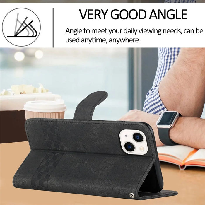 For iPhone 14 Plus Phone Case with Strap Imprint PU Leather Wallet Stand Cover - Black - 4