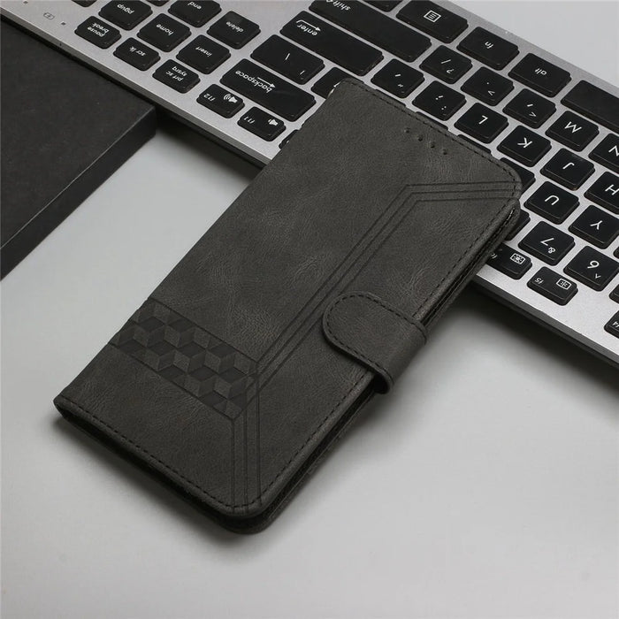 For iPhone 14 Plus Phone Case with Strap Imprint PU Leather Wallet Stand Cover - Black - 7