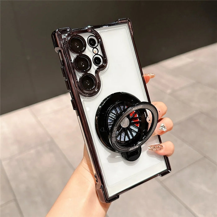 For Samsung Galaxy S23 Ultra Phone Case Gyroscope Kickstand Electroplating TPU PC Mobile Cover - Black - 1
