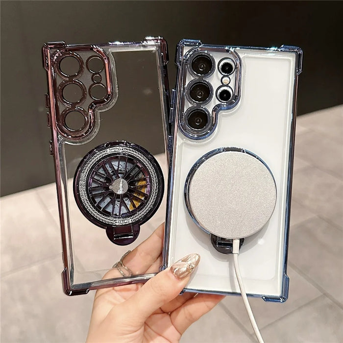 For Samsung Galaxy S23 Ultra Phone Case Gyroscope Kickstand Electroplating TPU PC Mobile Cover - Black - 5