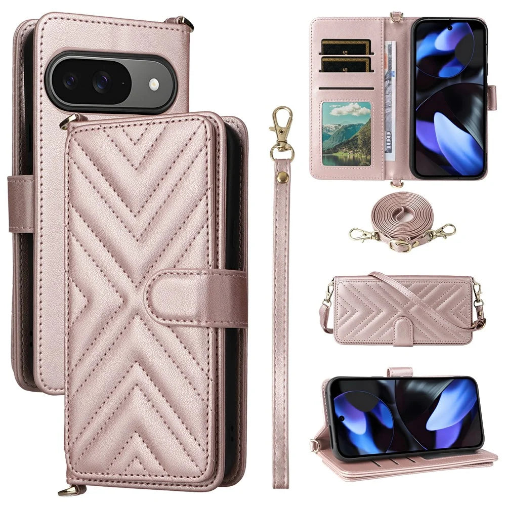For Google Pixel 9 Pro / Pixel 9 Wallet Case with Shoulder / Wrist Strap Leather Phone Cover Stand - Pink - 1