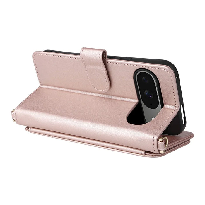 For Google Pixel 9 Pro / Pixel 9 Wallet Case with Shoulder / Wrist Strap Leather Phone Cover Stand - Pink - 6