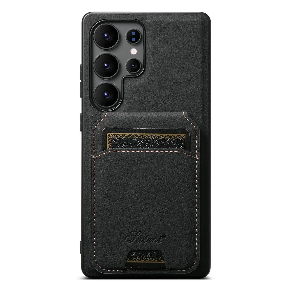 SUTENI H16 For Samsung Galaxy S25 Ultra Magnetic Case Kickstand Phone Cover Detachable Card Holder - Black - 1