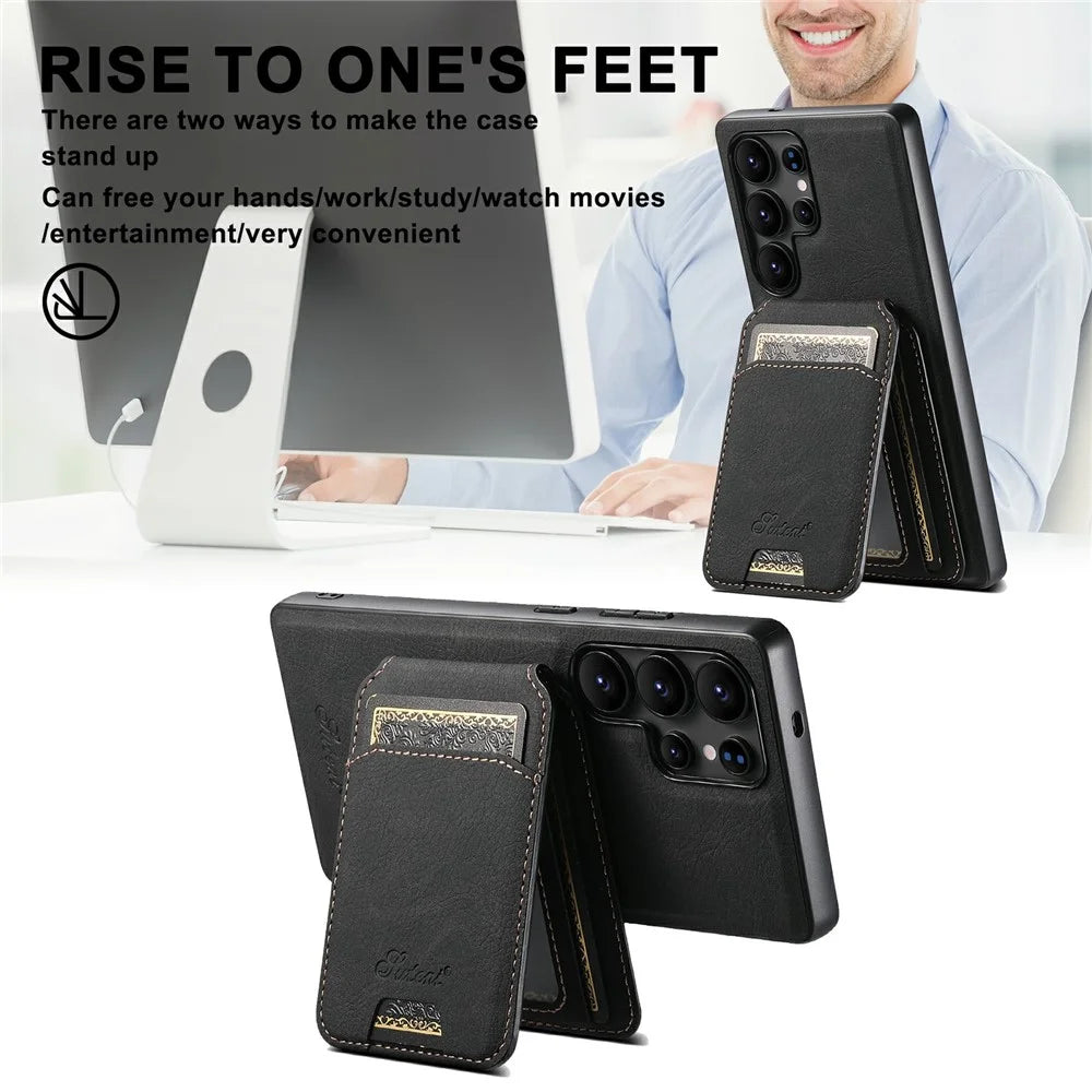 SUTENI H16 For Samsung Galaxy S25 Ultra Magnetic Case Kickstand Phone Cover Detachable Card Holder - Black - 6