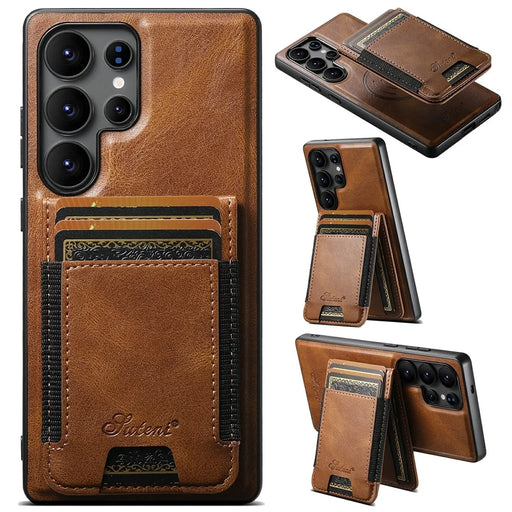 SUTENI H17 For Samsung Galaxy S25 Ultra Magnetic Case Card Slots Leather + TPU Kickstand Phone Cover - Brown - 1