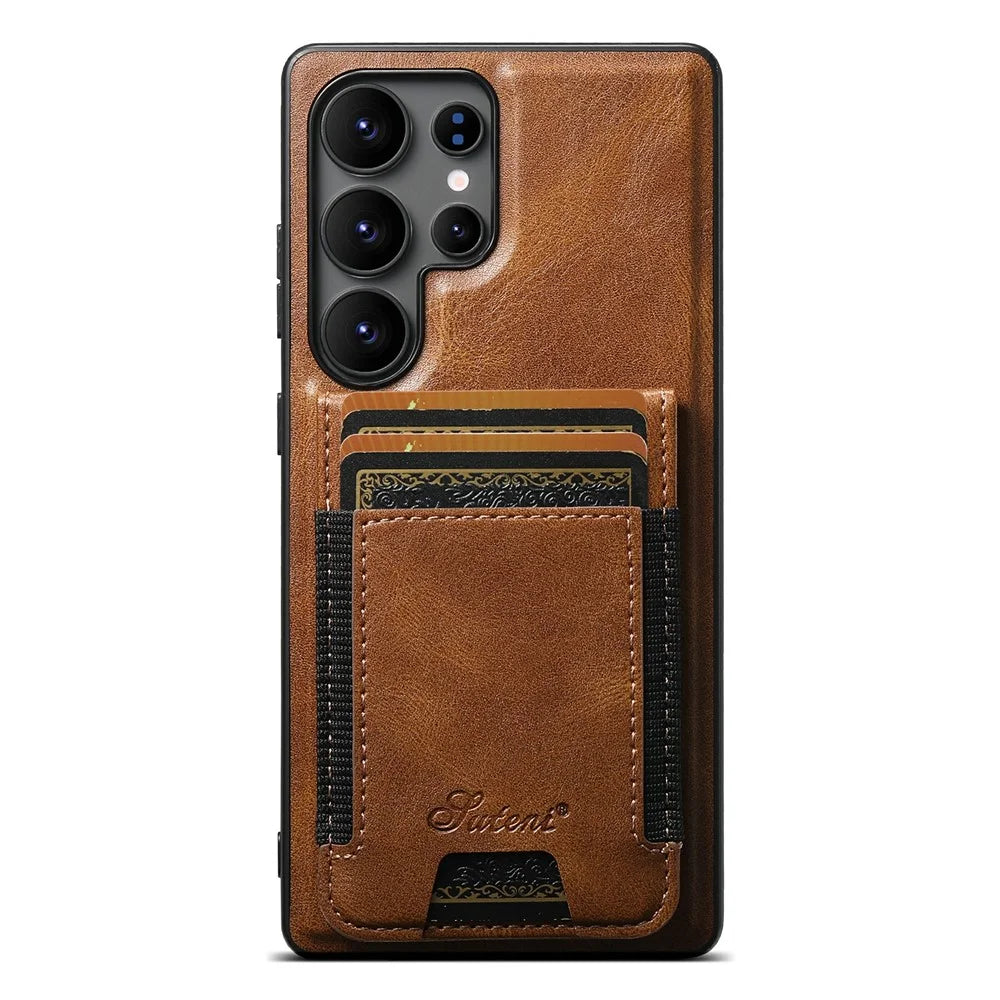 SUTENI H17 For Samsung Galaxy S25 Ultra Magnetic Case Card Slots Leather + TPU Kickstand Phone Cover - Brown - 2