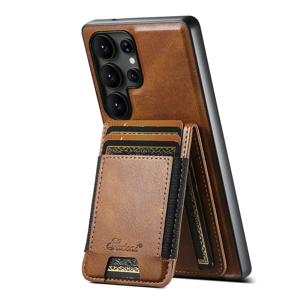 SUTENI H17 For Samsung Galaxy S25 Ultra Magnetic Case Card Slots Leather + TPU Kickstand Phone Cover - Brown - 3