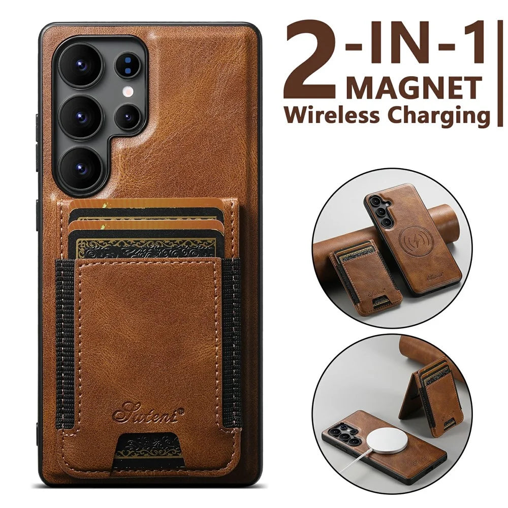 SUTENI H17 For Samsung Galaxy S25 Ultra Magnetic Case Card Slots Leather + TPU Kickstand Phone Cover - Brown - 5