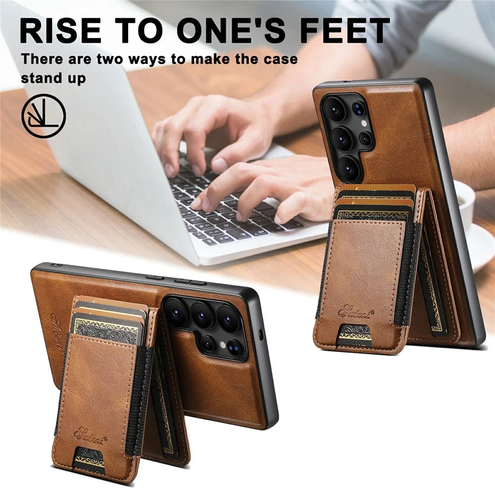 SUTENI H17 For Samsung Galaxy S25 Ultra Magnetic Case Card Slots Leather + TPU Kickstand Phone Cover - Brown - 6