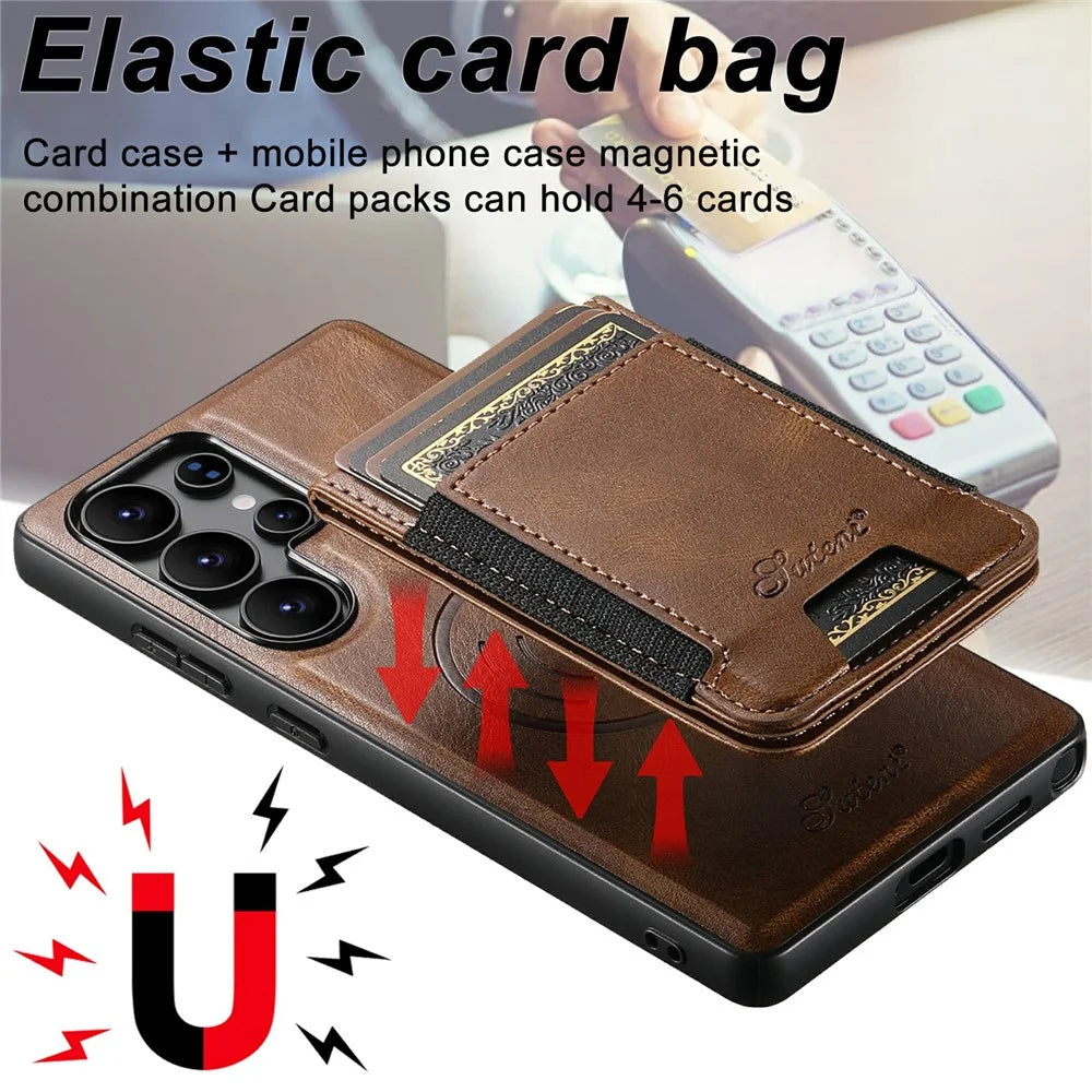 SUTENI H17 For Samsung Galaxy S25 Ultra Magnetic Case Card Slots Leather + TPU Kickstand Phone Cover - Brown - 7