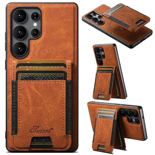 SUTENI H17 For Samsung Galaxy S25 Ultra Magnetic Case Card Slots Leather + TPU Kickstand Phone Cover - Khaki - 1