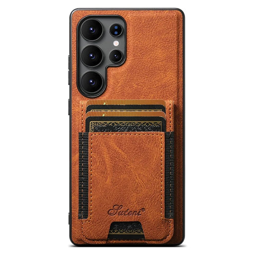 SUTENI H17 For Samsung Galaxy S25 Ultra Magnetic Case Card Slots Leather + TPU Kickstand Phone Cover - Khaki - 2
