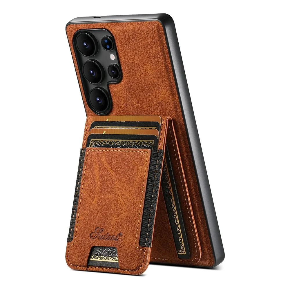 SUTENI H17 For Samsung Galaxy S25 Ultra Magnetic Case Card Slots Leather + TPU Kickstand Phone Cover - Khaki - 3