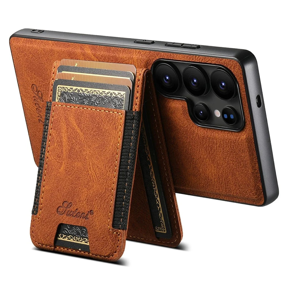 SUTENI H17 For Samsung Galaxy S25 Ultra Magnetic Case Card Slots Leather + TPU Kickstand Phone Cover - Khaki - 4