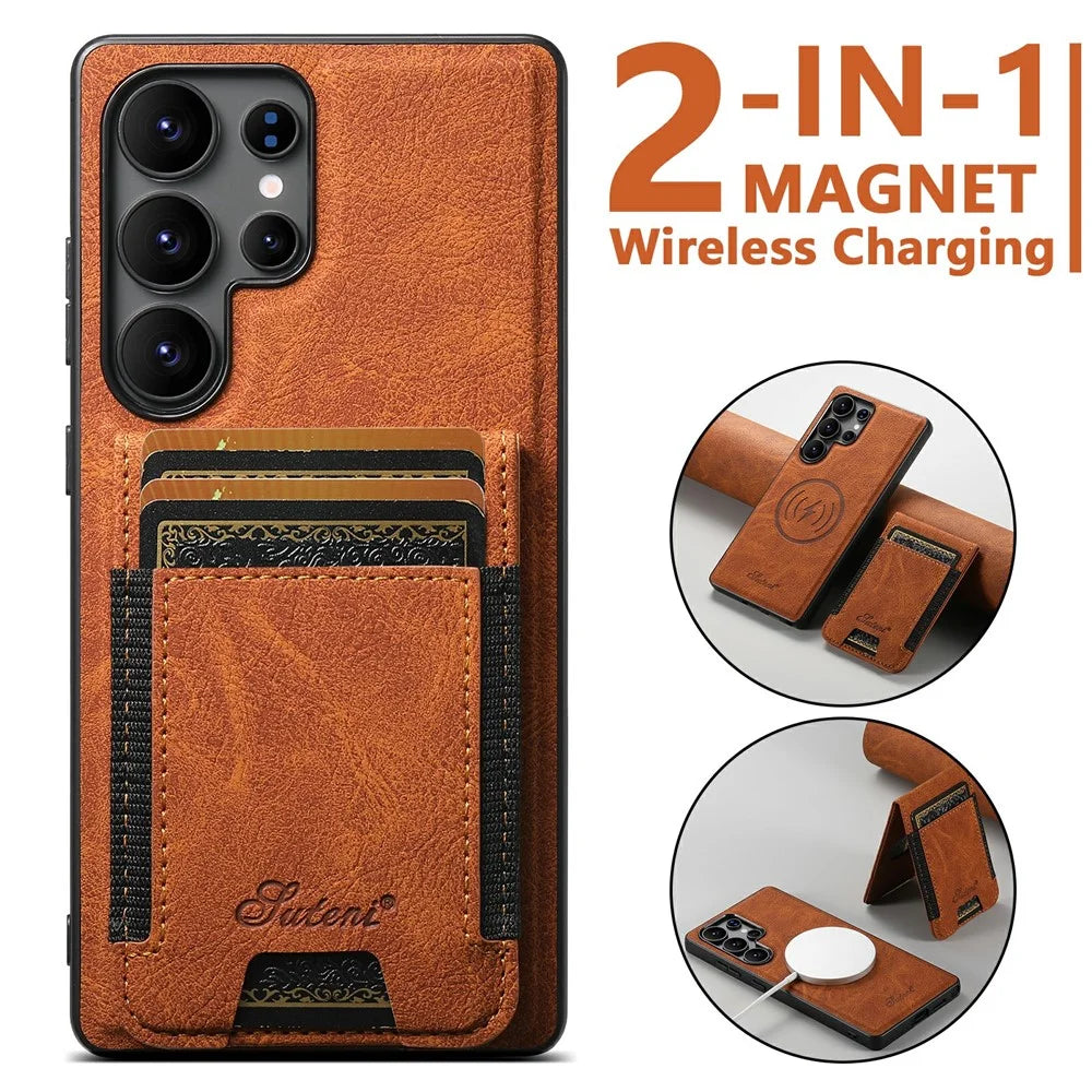 SUTENI H17 For Samsung Galaxy S25 Ultra Magnetic Case Card Slots Leather + TPU Kickstand Phone Cover - Khaki - 5