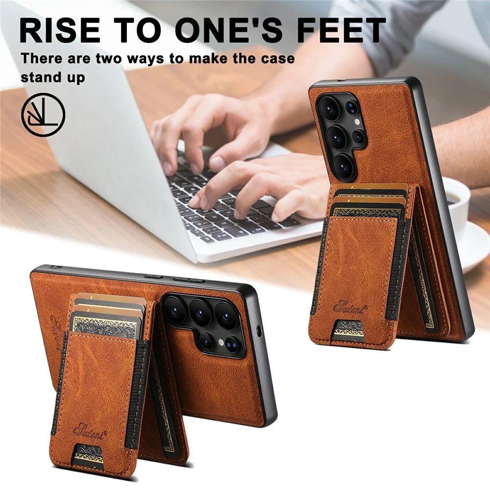 SUTENI H17 For Samsung Galaxy S25 Ultra Magnetic Case Card Slots Leather + TPU Kickstand Phone Cover - Khaki - 6