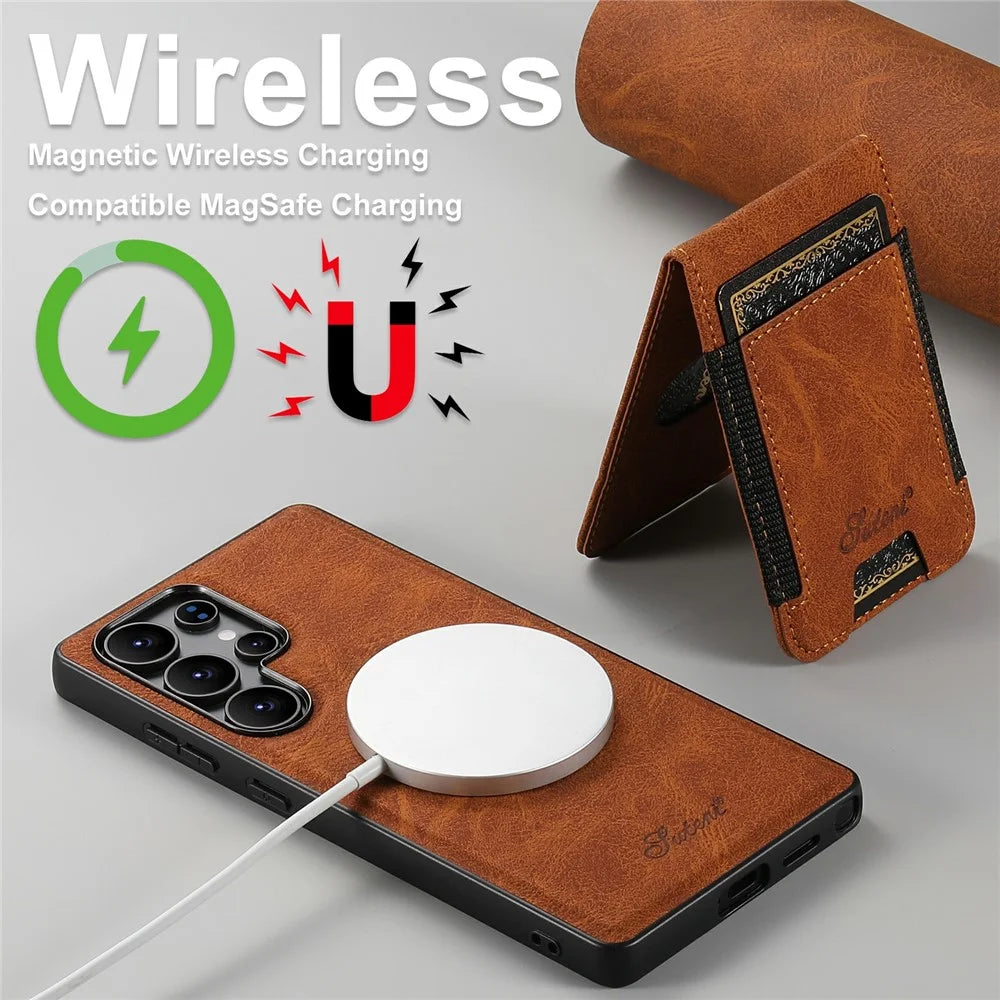 SUTENI H17 For Samsung Galaxy S25 Ultra Magnetic Case Card Slots Leather + TPU Kickstand Phone Cover - Khaki - 7