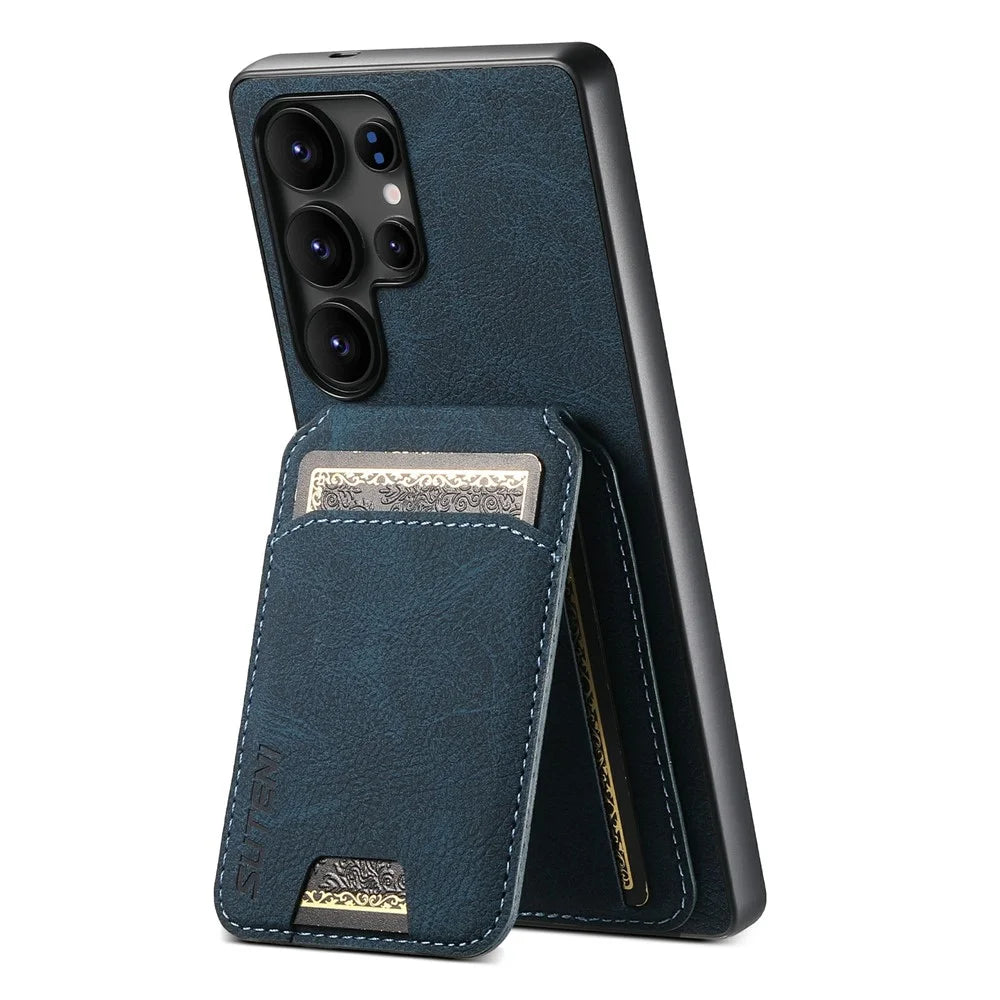 SUTENI H02 For Samsung Galaxy S25 Ultra Case Card Slots Kickstand Litchi Texture Leather + TPU Cover - Blue - 3