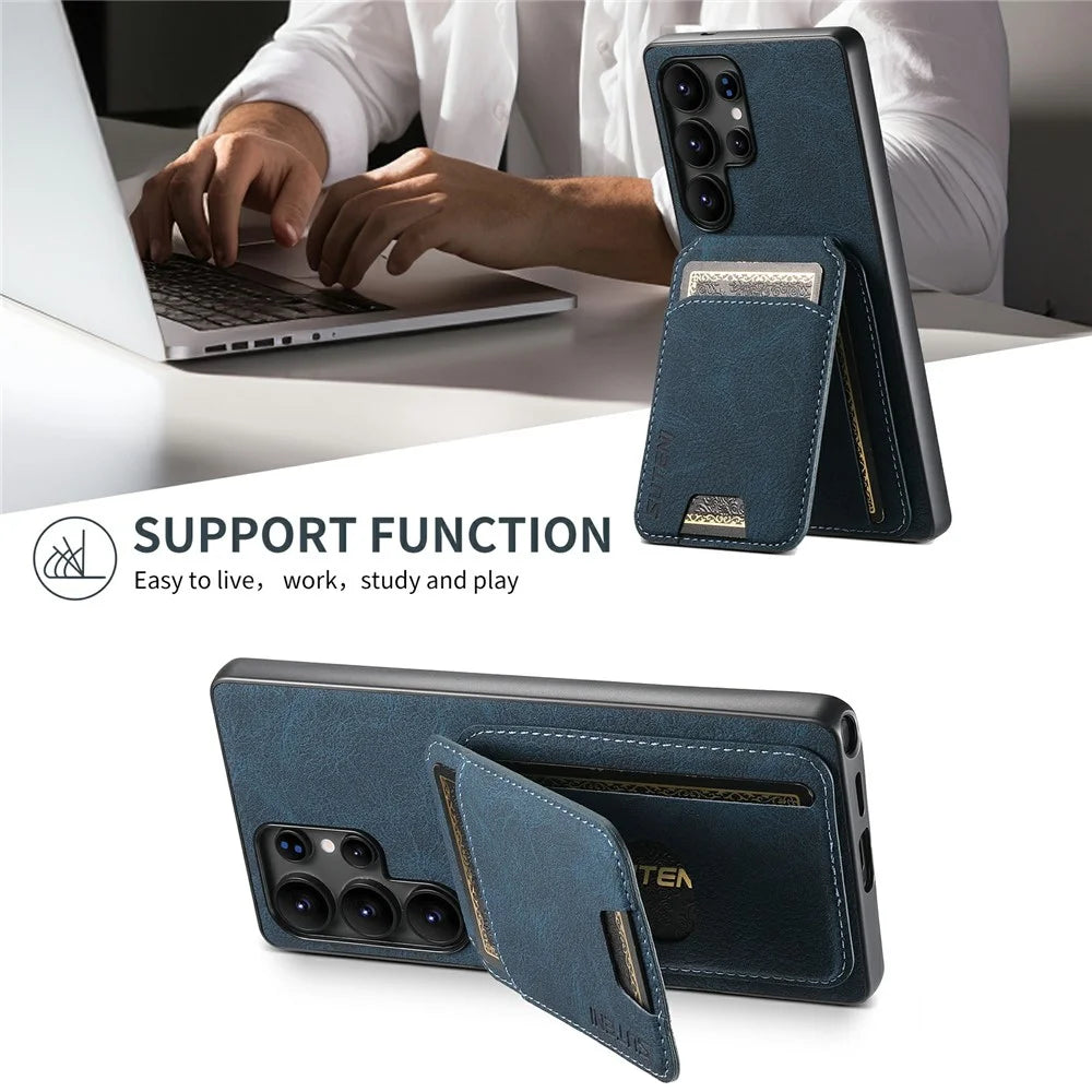 SUTENI H02 For Samsung Galaxy S25 Ultra Case Card Slots Kickstand Litchi Texture Leather + TPU Cover - Blue - 5