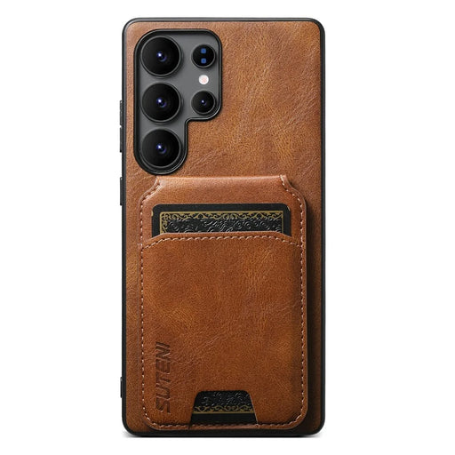 SUTENI H02 For Samsung Galaxy S25 Ultra Case Waxy Texture Leather + TPU Card Slots Kickstand Phone Cover - Brown - 1