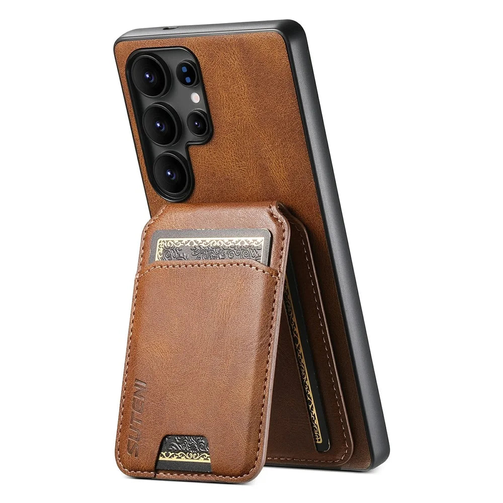 SUTENI H02 For Samsung Galaxy S25 Ultra Case Waxy Texture Leather + TPU Card Slots Kickstand Phone Cover - Brown - 3