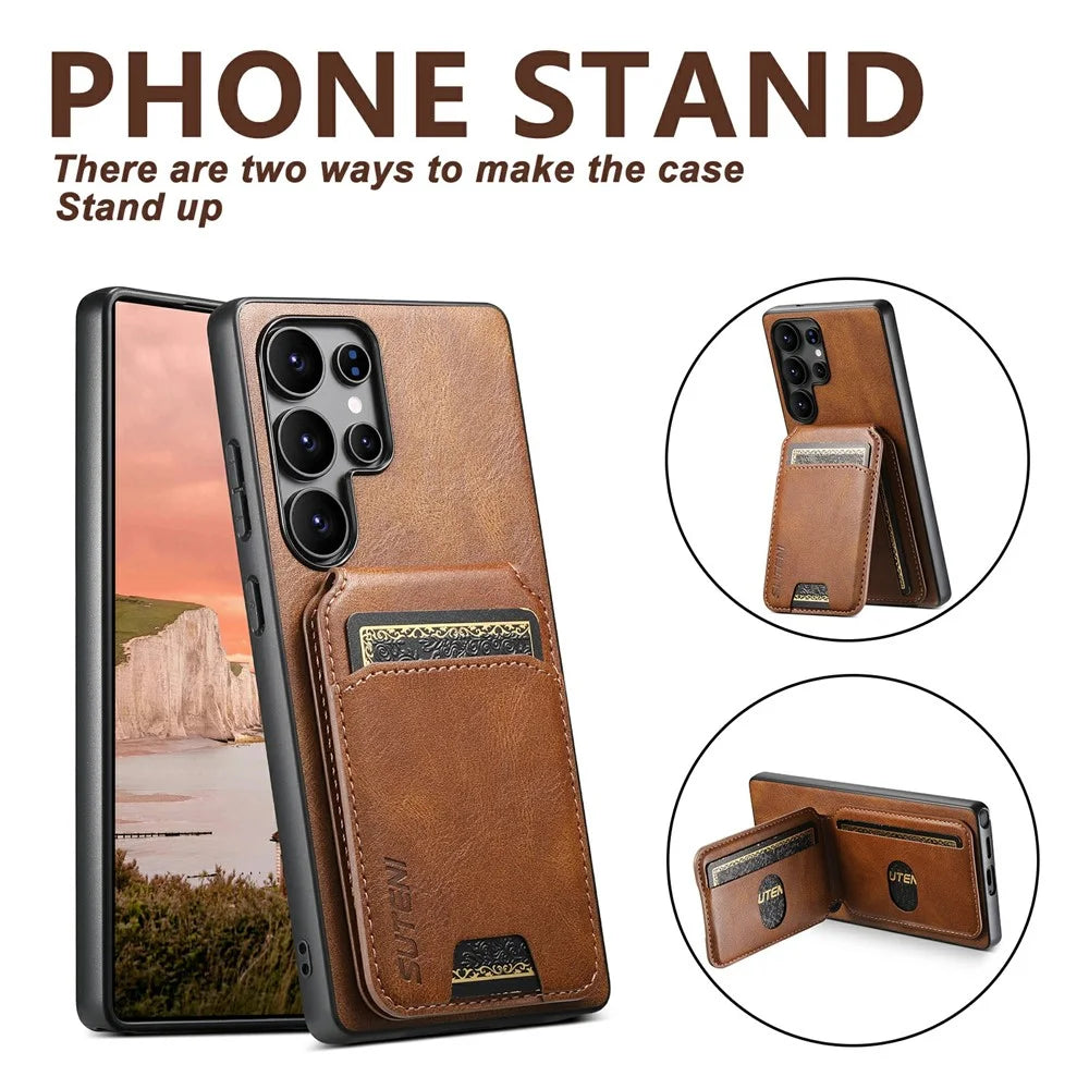 SUTENI H02 For Samsung Galaxy S25 Ultra Case Waxy Texture Leather + TPU Card Slots Kickstand Phone Cover - Brown - 5