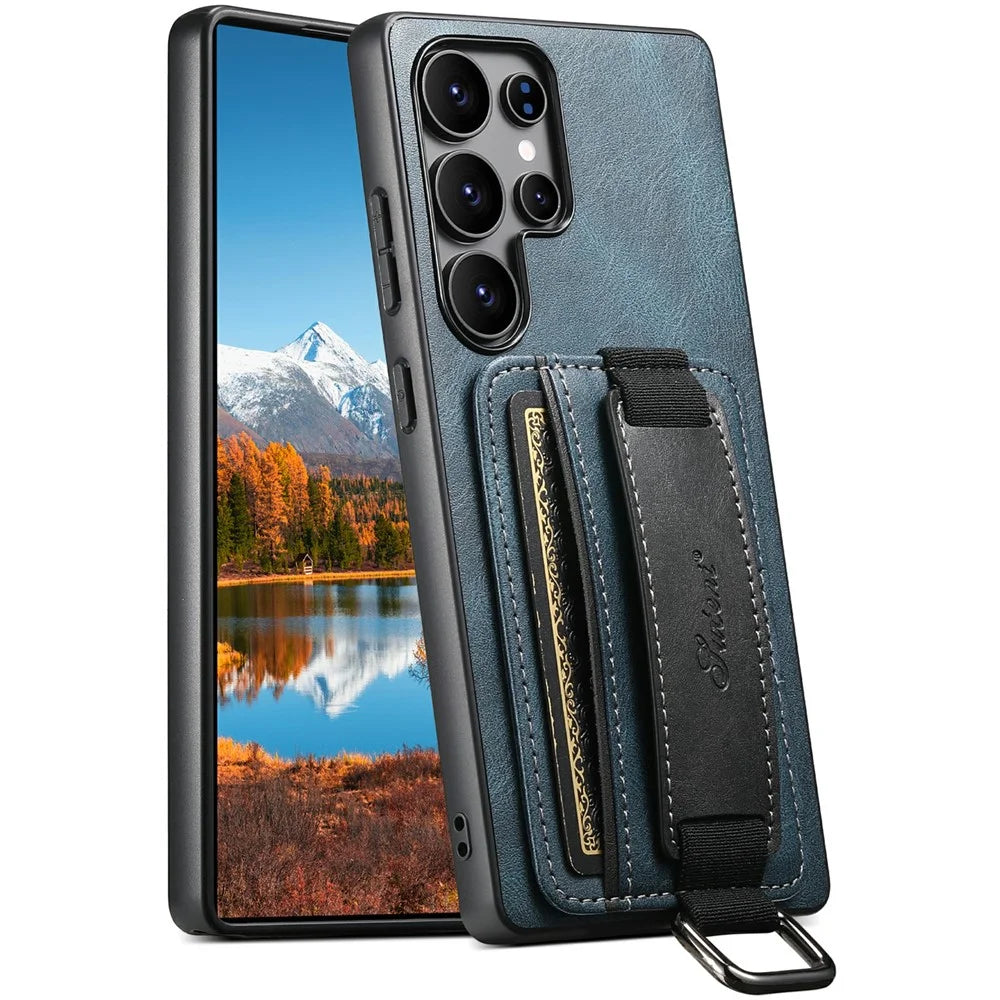 SUTENI H13 For Samsung Galaxy S25 Ultra Case Card Holder Wristband Waxy Texture Leather + TPU + PC Cover - Blue - 1
