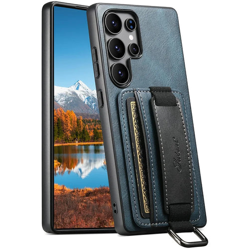 SUTENI H13 For Samsung Galaxy S25 Ultra Case Card Holder Wristband Waxy Texture Leather + TPU + PC Cover - Blue - 1