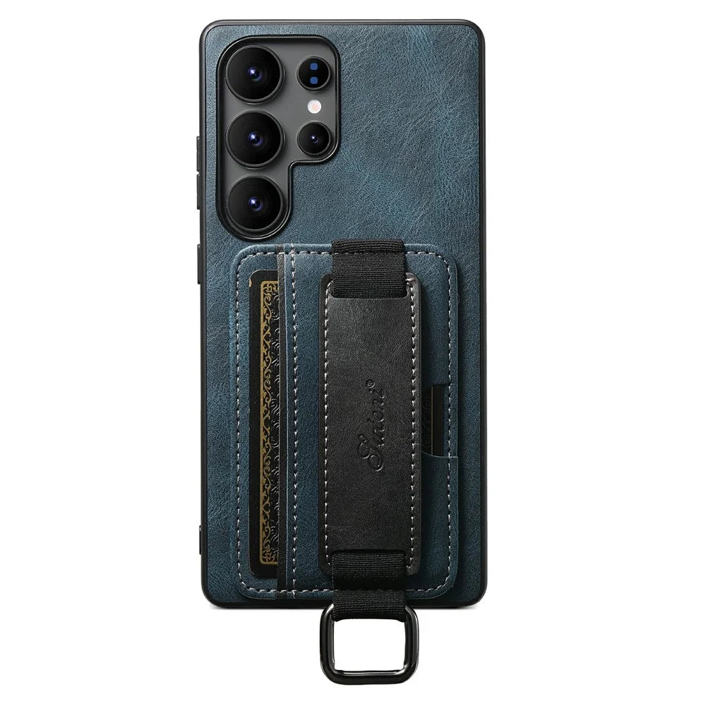 SUTENI H13 For Samsung Galaxy S25 Ultra Case Card Holder Wristband Waxy Texture Leather + TPU + PC Cover - Blue - 2