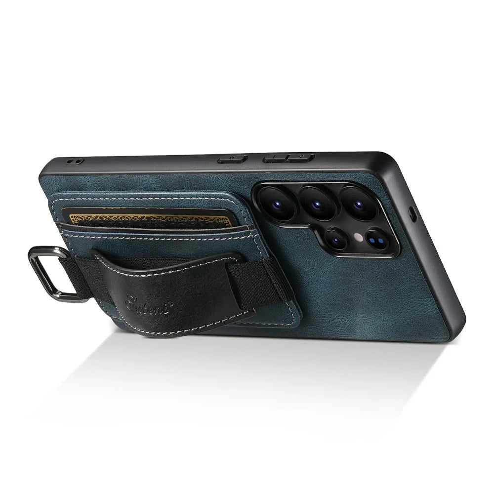 SUTENI H13 For Samsung Galaxy S25 Ultra Case Card Holder Wristband Waxy Texture Leather + TPU + PC Cover - Blue - 4