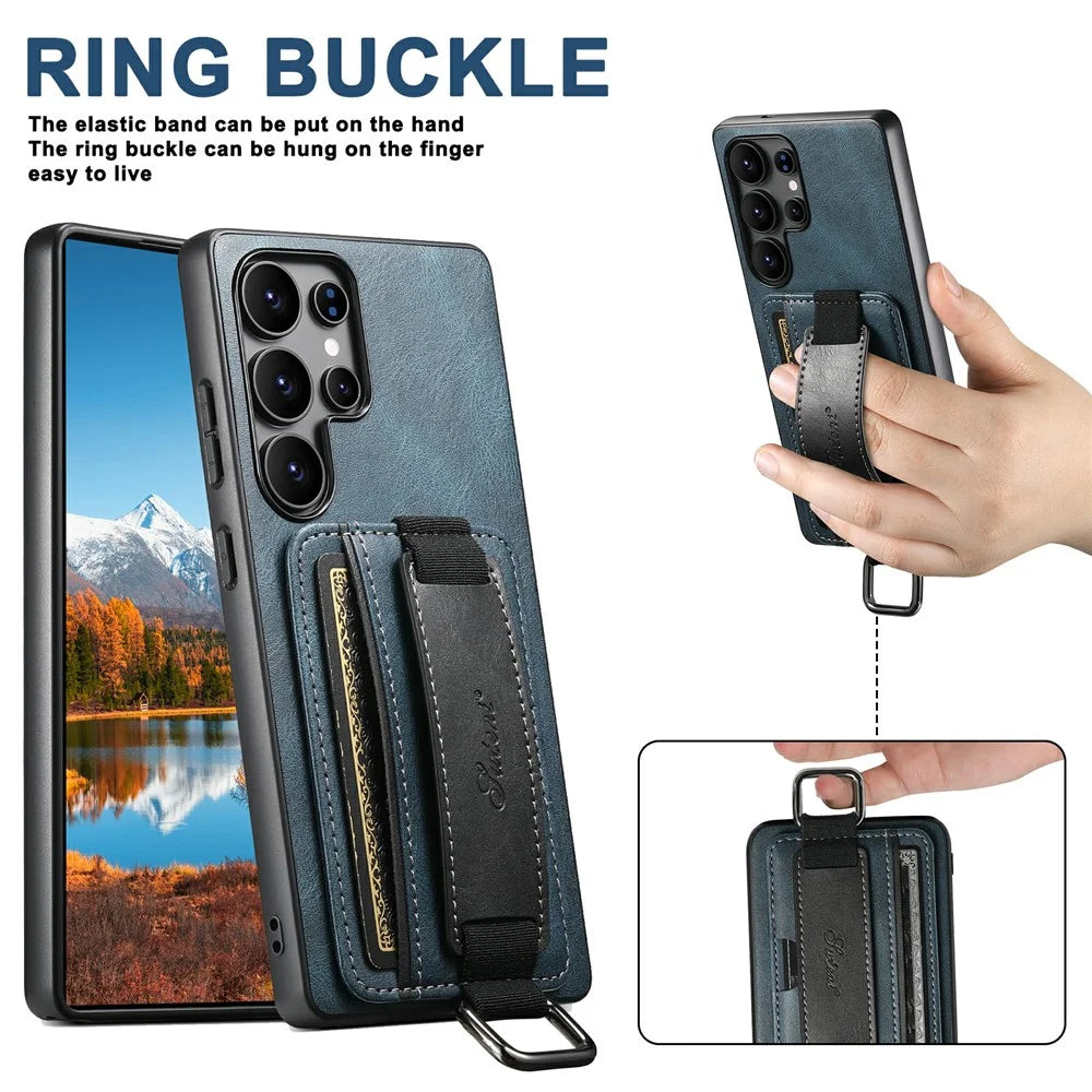 SUTENI H13 For Samsung Galaxy S25 Ultra Case Card Holder Wristband Waxy Texture Leather + TPU + PC Cover - Blue - 6