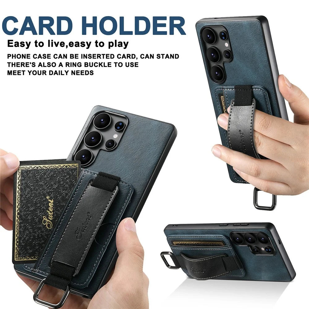 SUTENI H13 For Samsung Galaxy S25 Ultra Case Card Holder Wristband Waxy Texture Leather + TPU + PC Cover - Blue - 7