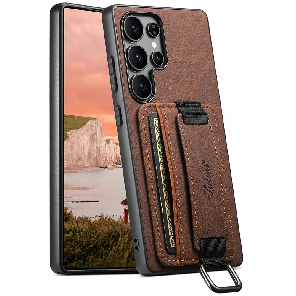 SUTENI H13 For Samsung Galaxy S25 Ultra Case Litchi Texture Leather + TPU + PC Cover with Card Holder Kickstand - Brown - 1