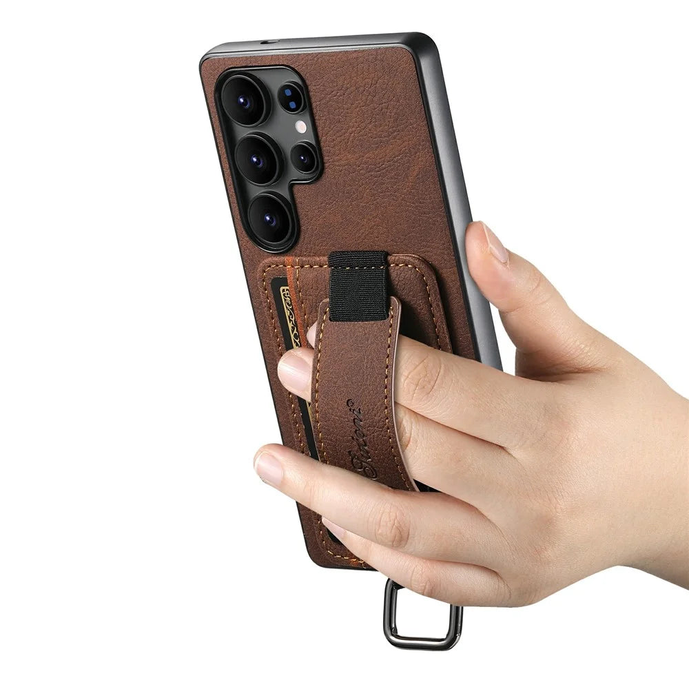SUTENI H13 For Samsung Galaxy S25 Ultra Case Litchi Texture Leather + TPU + PC Cover with Card Holder Kickstand - Brown - 3